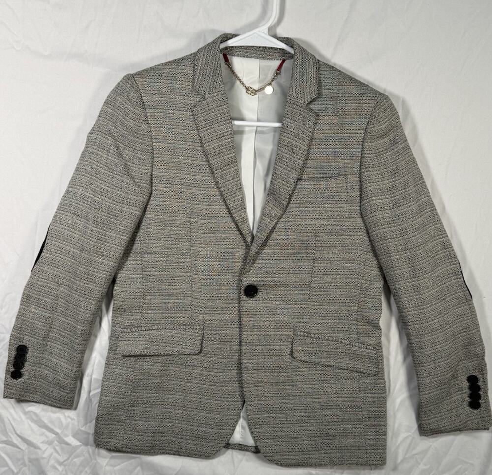 Elie Balleh Boys Blazer Size 10 to 12 Gray Cotton Linen Black Elbow Patch Jacket